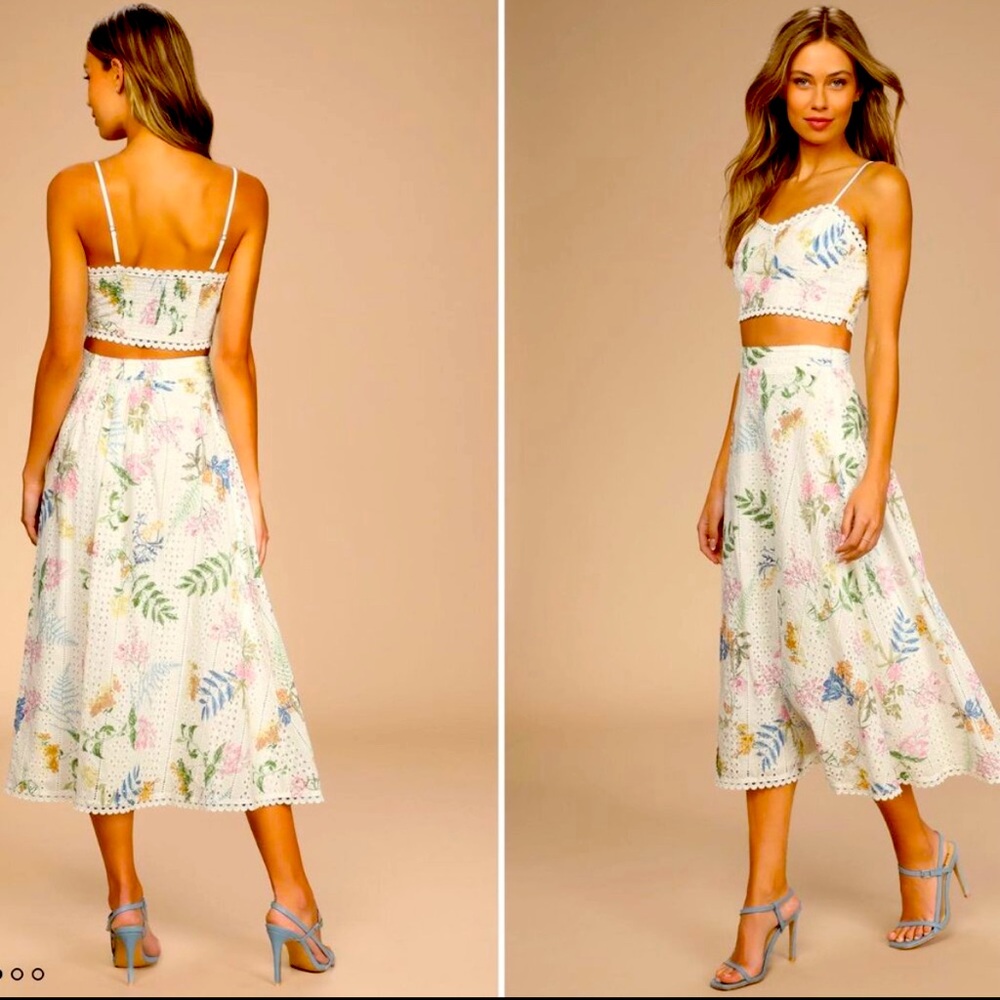 White Floral Embroidered 2 Piece Midi Dress